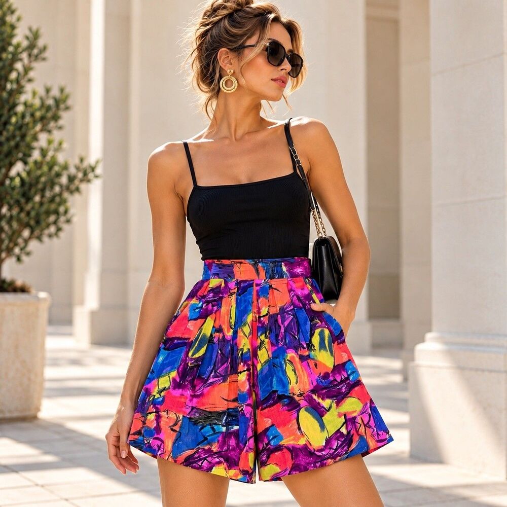 Vintage 80s The Limited Abstract Print High Waist Wide Leg Shorts Size S Israel